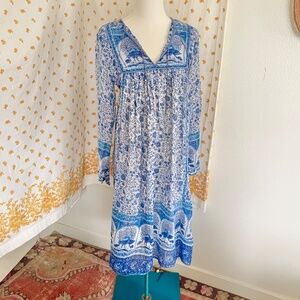 Blue Lurex Boho Midi Dress Elephant Block Print Lined Cotton Gauze M